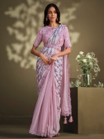 Elegant Pink Crepe Satin Silk Sequins Readymade Saree